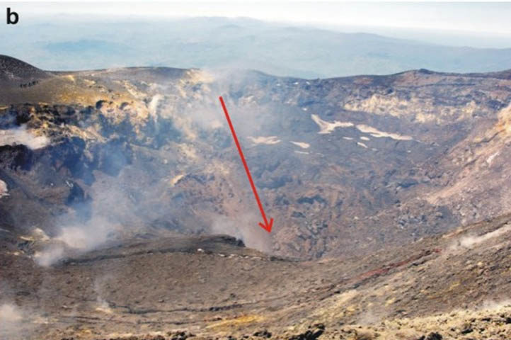 Bocca Nuova: la freccia rossa indica la la porzione centrale del fondo craterico che è gradualmente collassata producendo la formazione di un nuovo cratere a pozzo